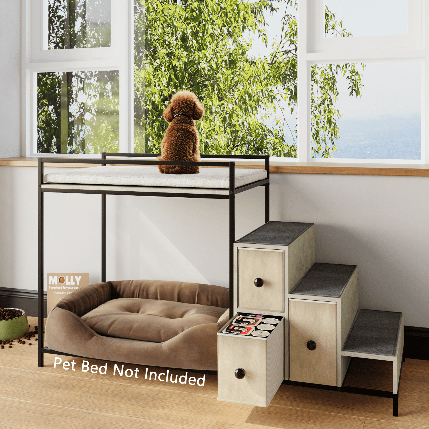 BOSSIN Pet Window Perch with Stairs, 3 Drawers Large Pet Bunk Bed for Dogs and Cats