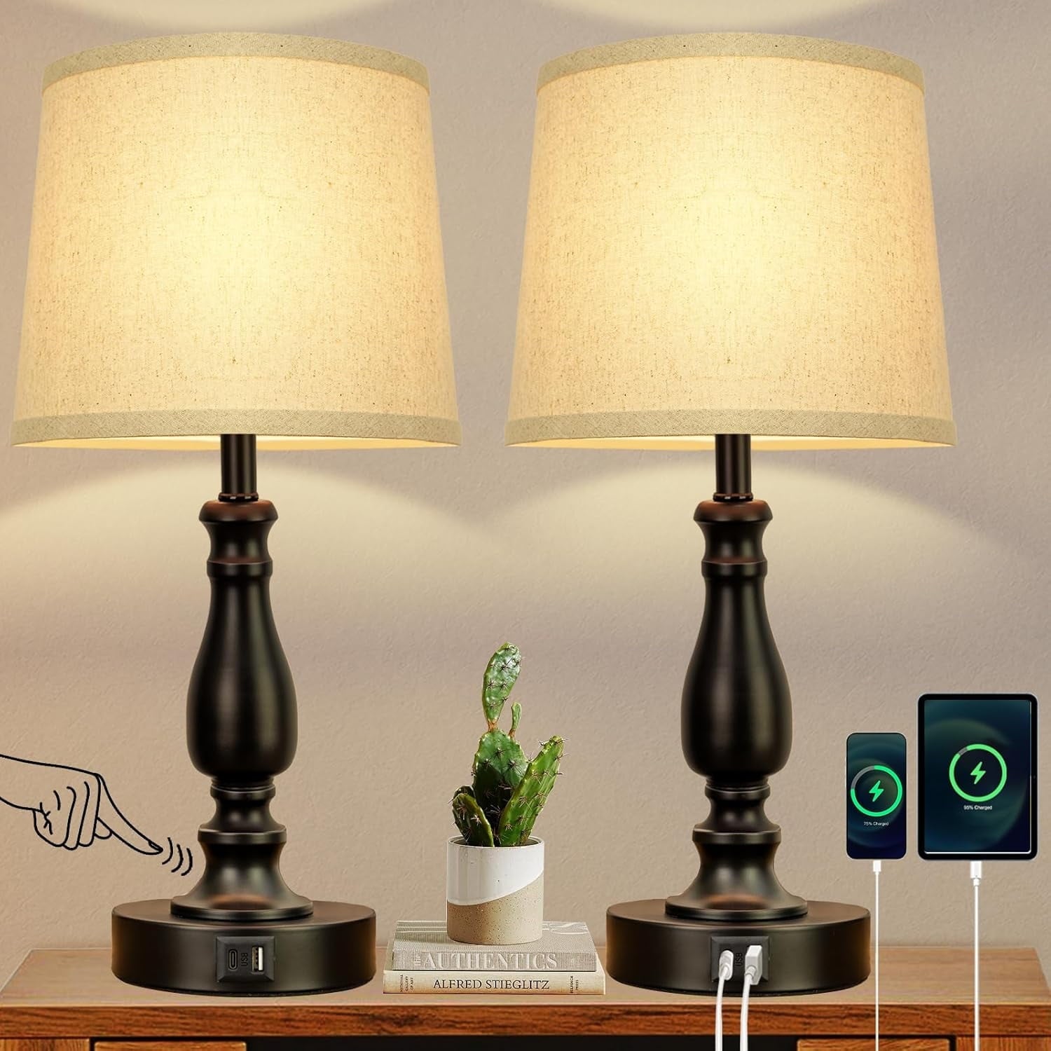 DEALTouch Control Bedside Lamps with 2 USB Charging Ports, 3 Ways Dimmable Nightstand Lamps with A19 6W LED Bulb, USB Modern Table Lamps with Fabric Shade for Bedroom, Living Room, Office Set of 2
