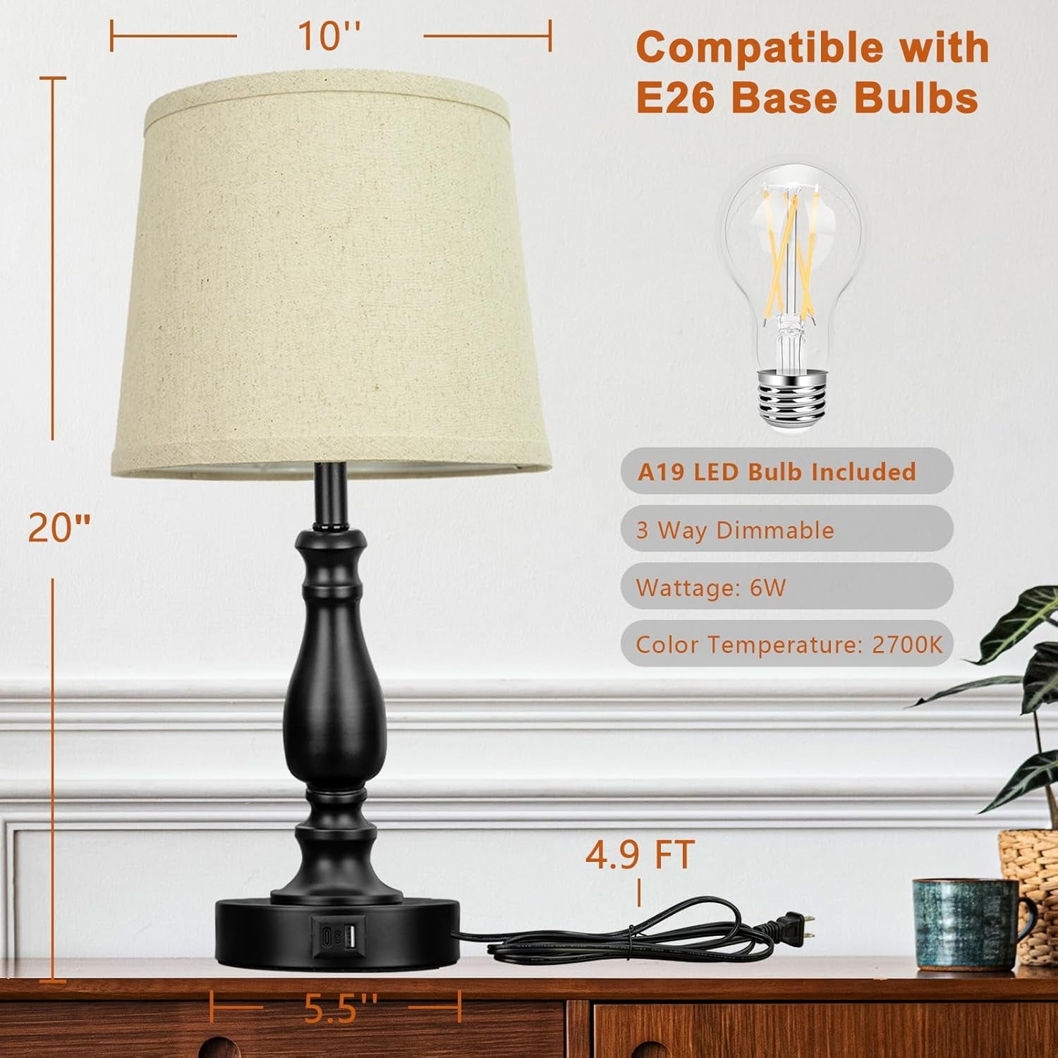 DEALTouch Control Bedside Lamps with 2 USB Charging Ports, 3 Ways Dimmable Nightstand Lamps with A19 6W LED Bulb, USB Modern Table Lamps with Fabric Shade for Bedroom, Living Room, Office Set of 2