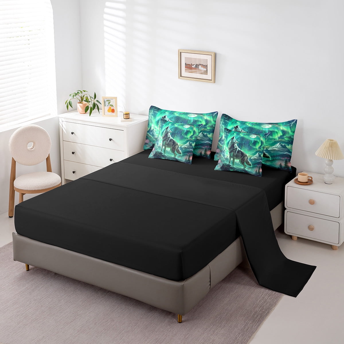 Wolf Comforter Set Twin Size,Aurora Natural Dreamy Bedding Set Teens,Wildlife Animal Print(Comforter+Fitted+Flat Sheet+2 Pillowcases+2 Throw Pillow Covers)7 Pieces Bed Set