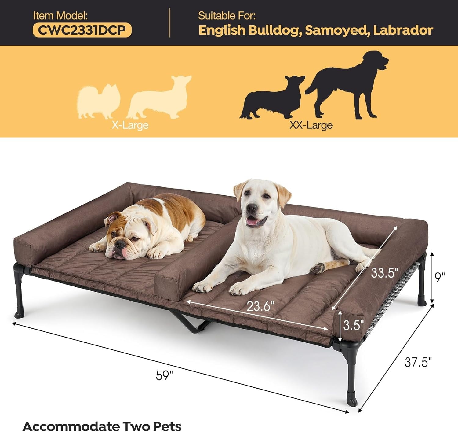 Cooling Raised Dog Bed With Waterproof Double Cushion for Two Dogs, Elevated With Removable Bolster Mat, Breathable Mesh, No-Slip Feet, 59" x 37.5" Couch, Black Silver