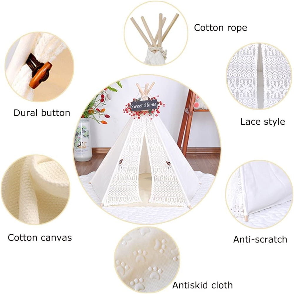 DEWEL Dog Tent Pet Teepee Dog Cat Play House Portable Washable Pet Bed for Dog Cat Lace Style
