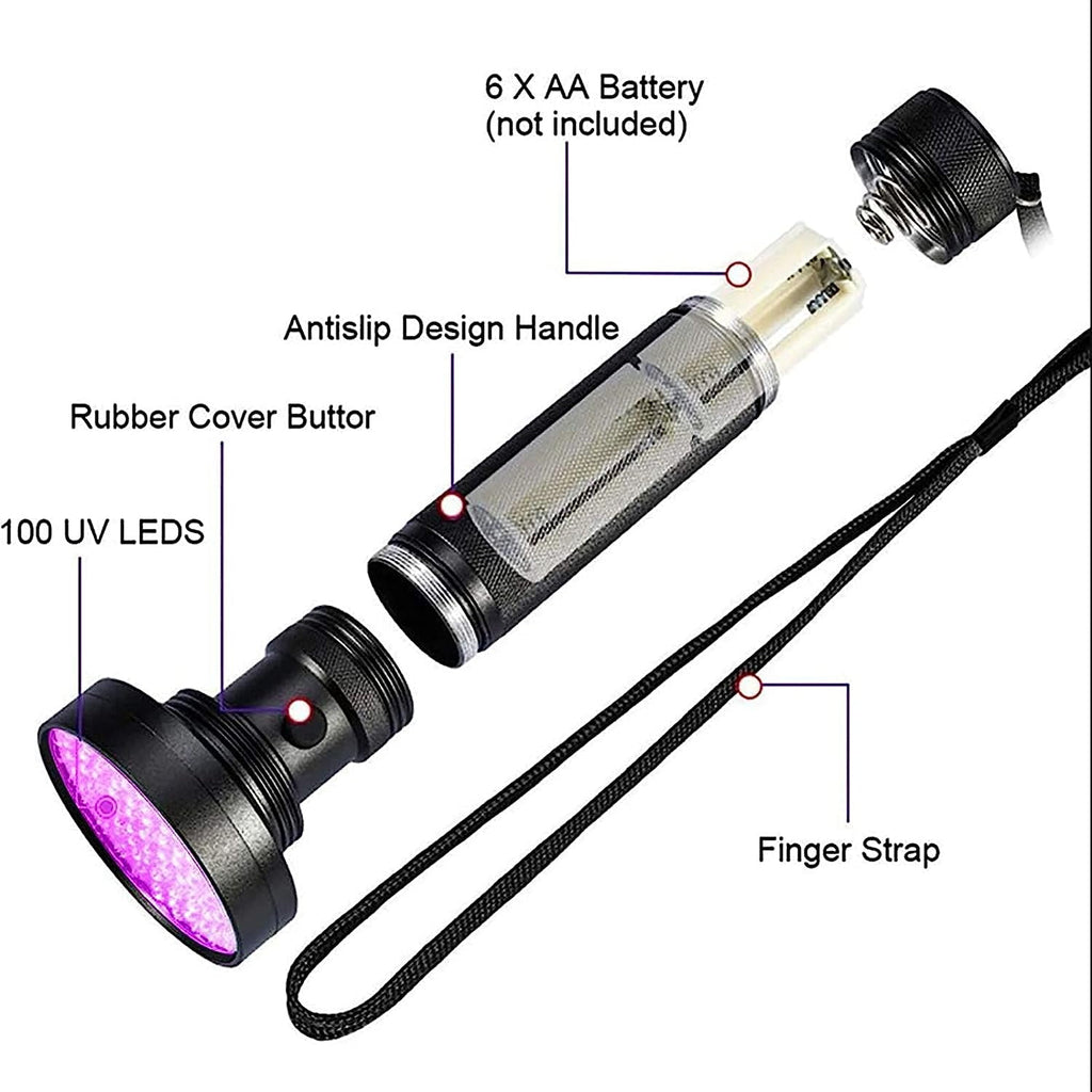 Puseky UV Flashlight Black Light 100 LED Light Handheld Blacklight 395 nM Detector for Pet Urine, Stains, Bed Bug and Scorpions, Torch Ultra Violet Flashlight