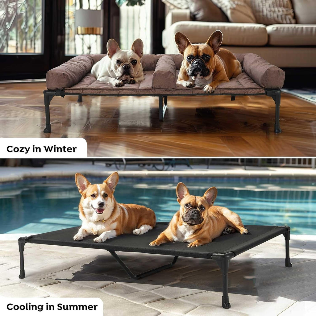 Cooling Raised Dog Bed With Waterproof Double Cushion for Two Dogs, Elevated With Removable Bolster Mat, Breathable Mesh, No-Slip Feet, 59" x 37.5" Couch, Black Silver