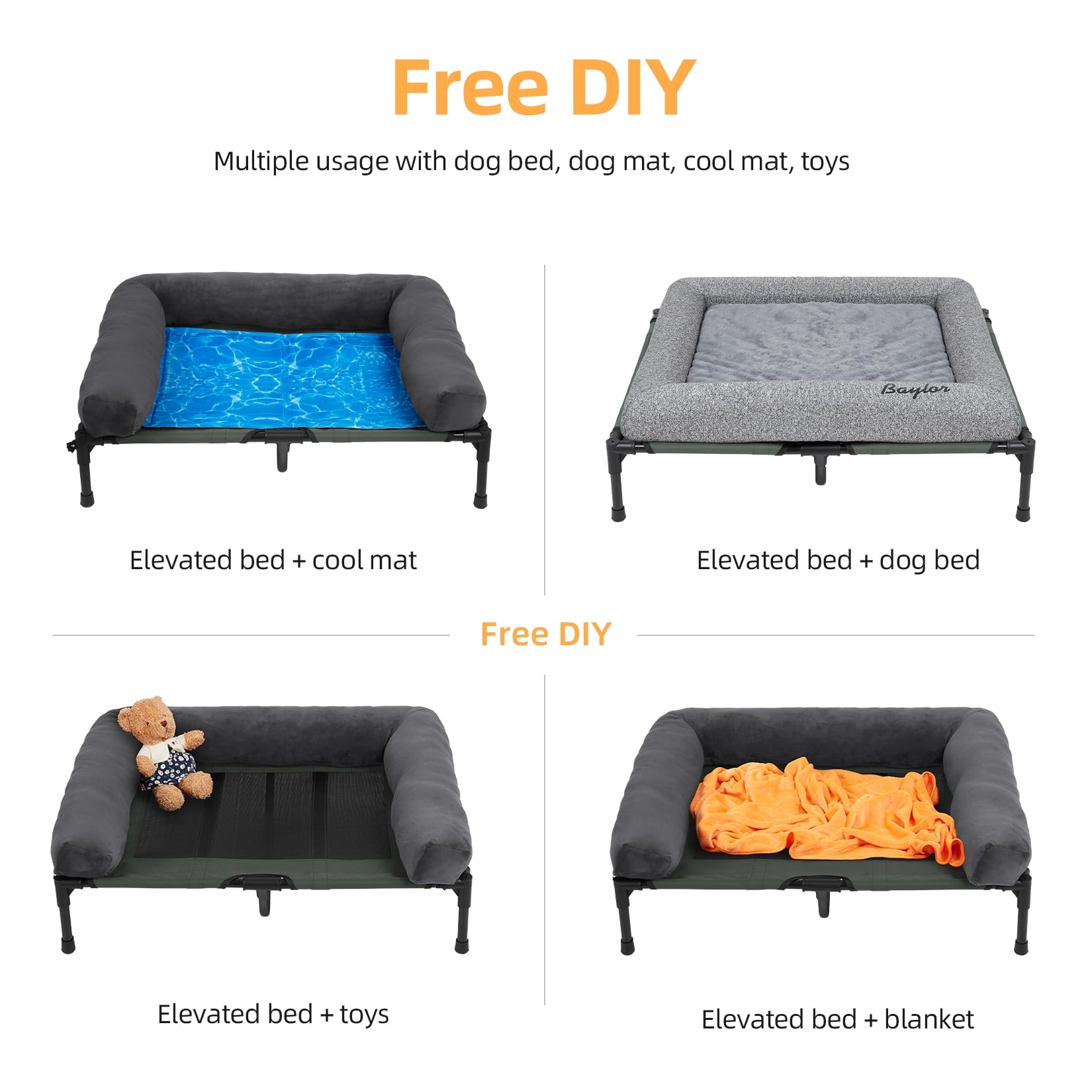 Bingopaw 4 in 1 Elevated Pet Dog Bed with Bolster, Gray, Extra Large, 43"L