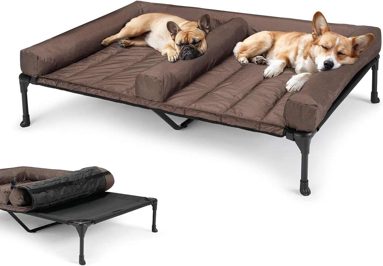 Cooling Raised Dog Bed With Waterproof Double Cushion for Two Dogs, Elevated With Removable Bolster Mat, Breathable Mesh, No-Slip Feet, 59" x 37.5" Couch, Black Silver