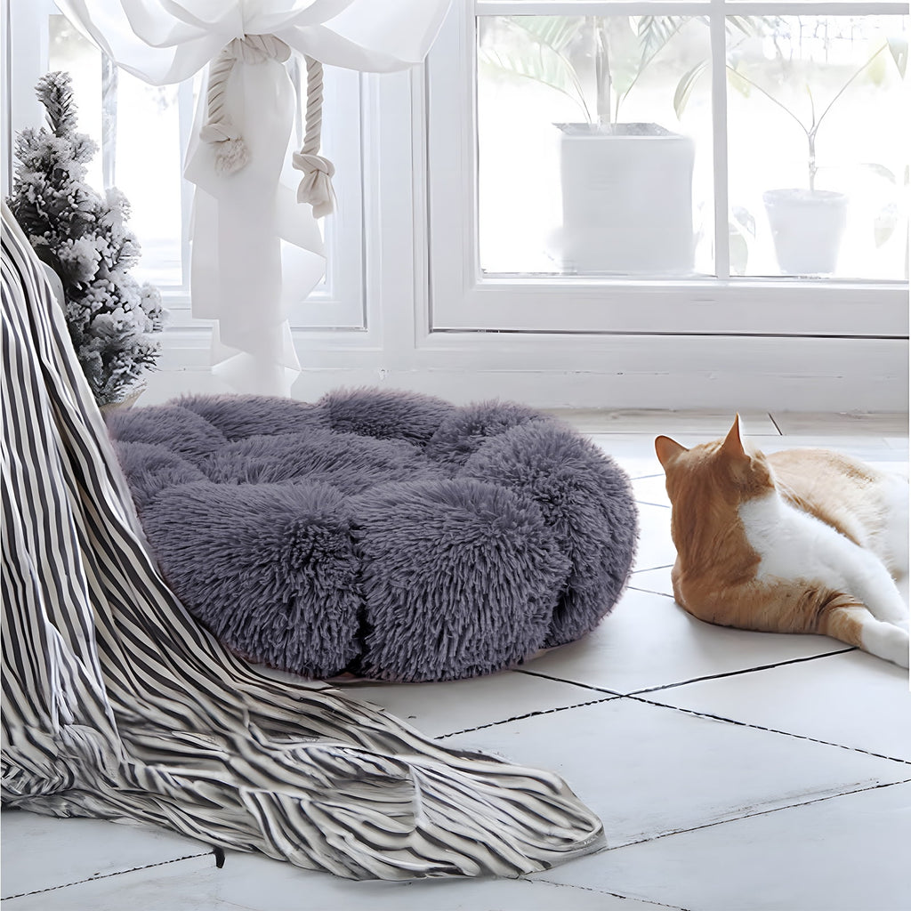 Sennaux Calming Pet Bed for Dogs Cats Soft Flower-Shape Plush Dog Bed, Dark Gray, 19.7"