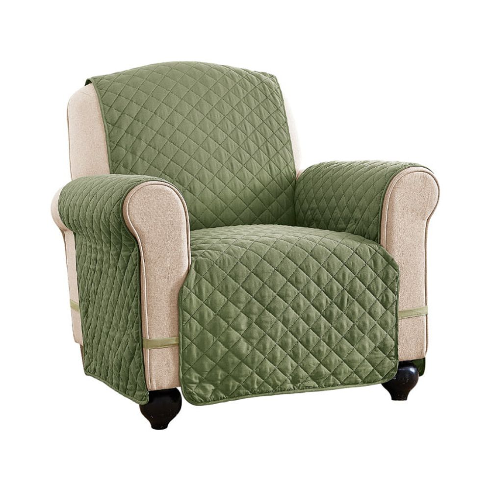 Collections Etc Reversible Spill Resistant Quilted Furniture Protector Cover with Ties - Covers Seat Bottom, Seat Back and 2 Seat Arms, Olive/Sage, Chair