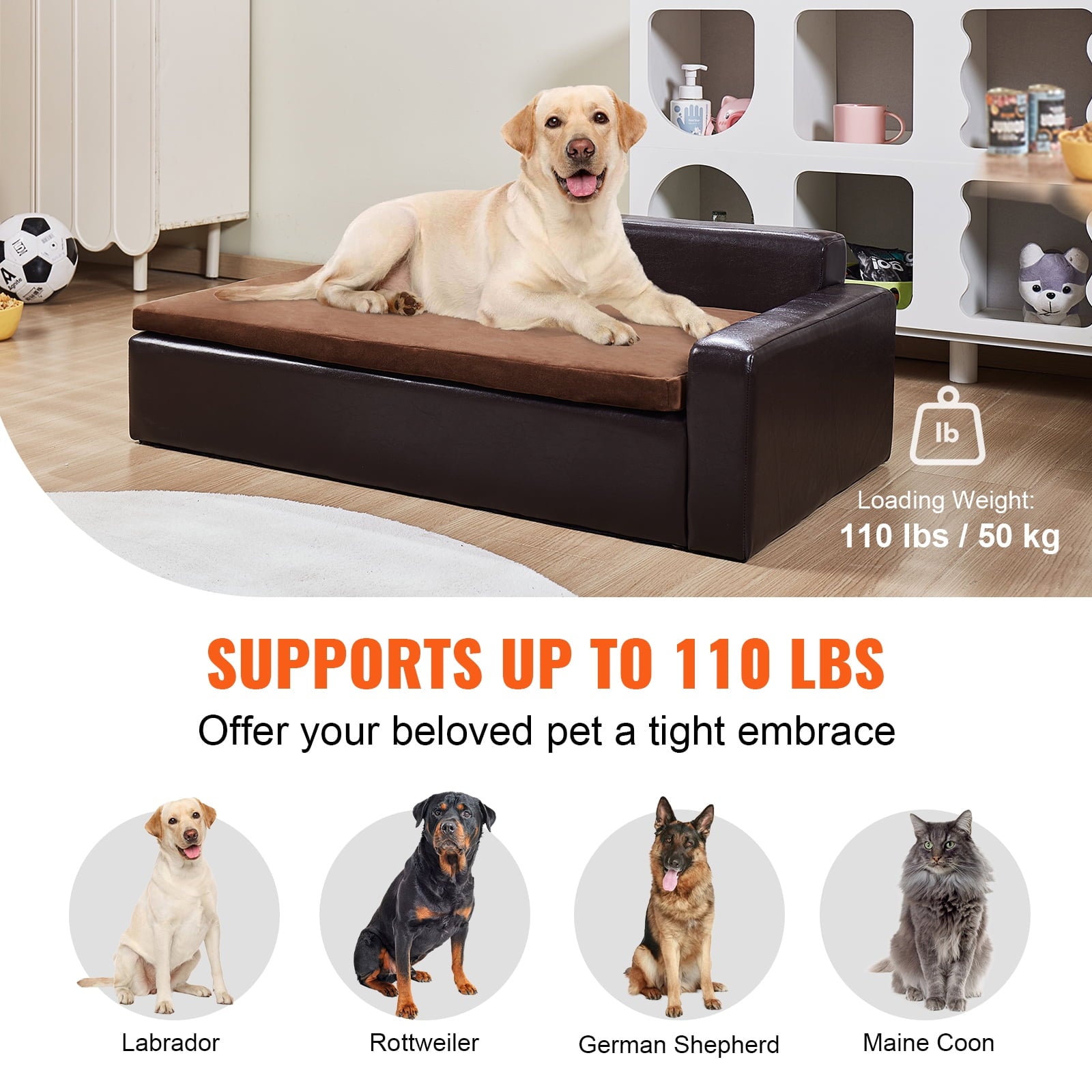 KFFKFF Pet Couch, Large Dog and Cat Soft Leather Lounge, Supports up to 110 lbs, Black