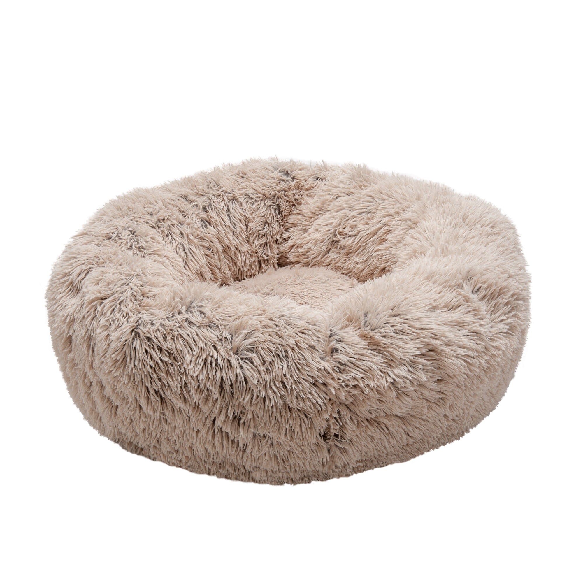 Furhaven 23" Round Calming Donut Dog Bed with Washable & Removable Cover & Bolster - Shaggy Plush Long Faux Fur Ball Bed - Taupe, For Dogs Up to 20 lbs, Small
