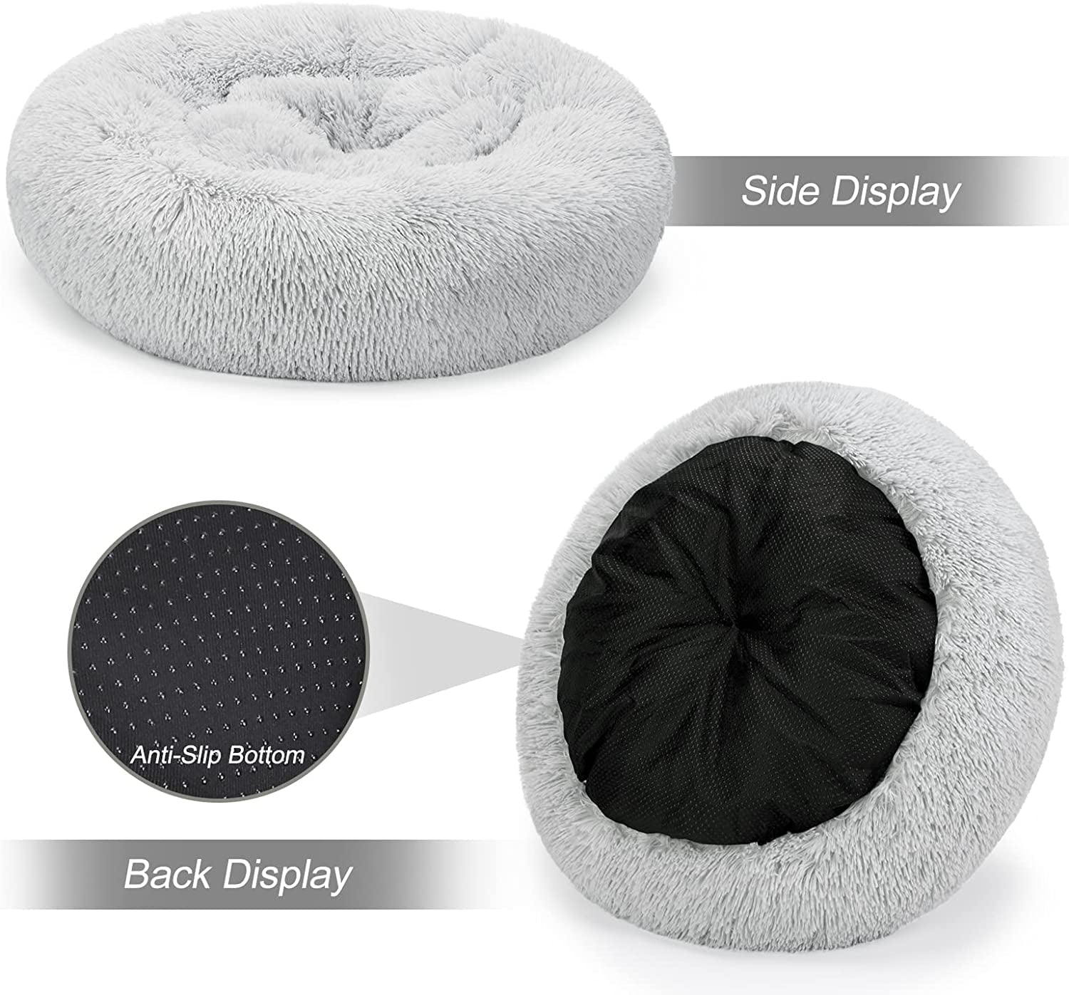 Calming Dog Bed For Large Dogs, GHODEC 31" Washable-Round Cozy Soft Dog Bed with Non-Slip Bottom,Fits up to 45 lbs Pets, Pale Grey