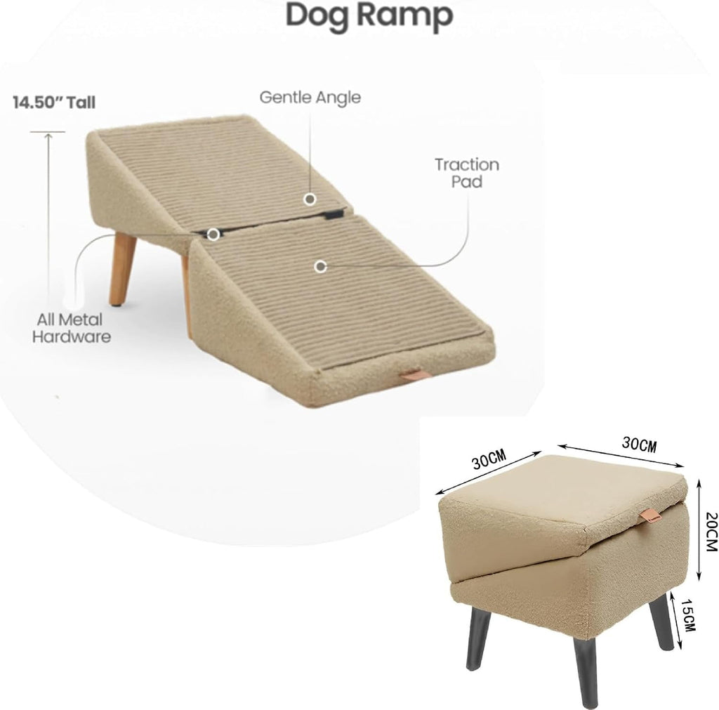 FlareFable Split Ottoman Dog Ramp, 2-in-1 Lightweight Folding Dog Stairs, Dog Ramp for Couch, Interactive Dog Setting Supply, Enhance The Relationship with Pets, Dog Ramp for Bed (Beige)