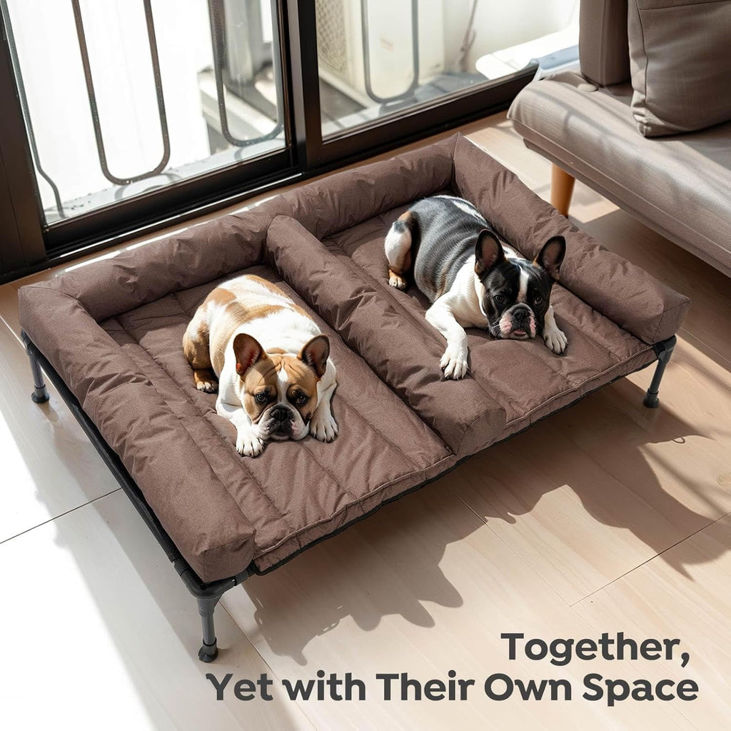 Cooling Raised Dog Bed With Waterproof Double Cushion for Two Dogs, Elevated With Removable Bolster Mat, Breathable Mesh, No-Slip Feet, 59" x 37.5" Couch, Black Silver