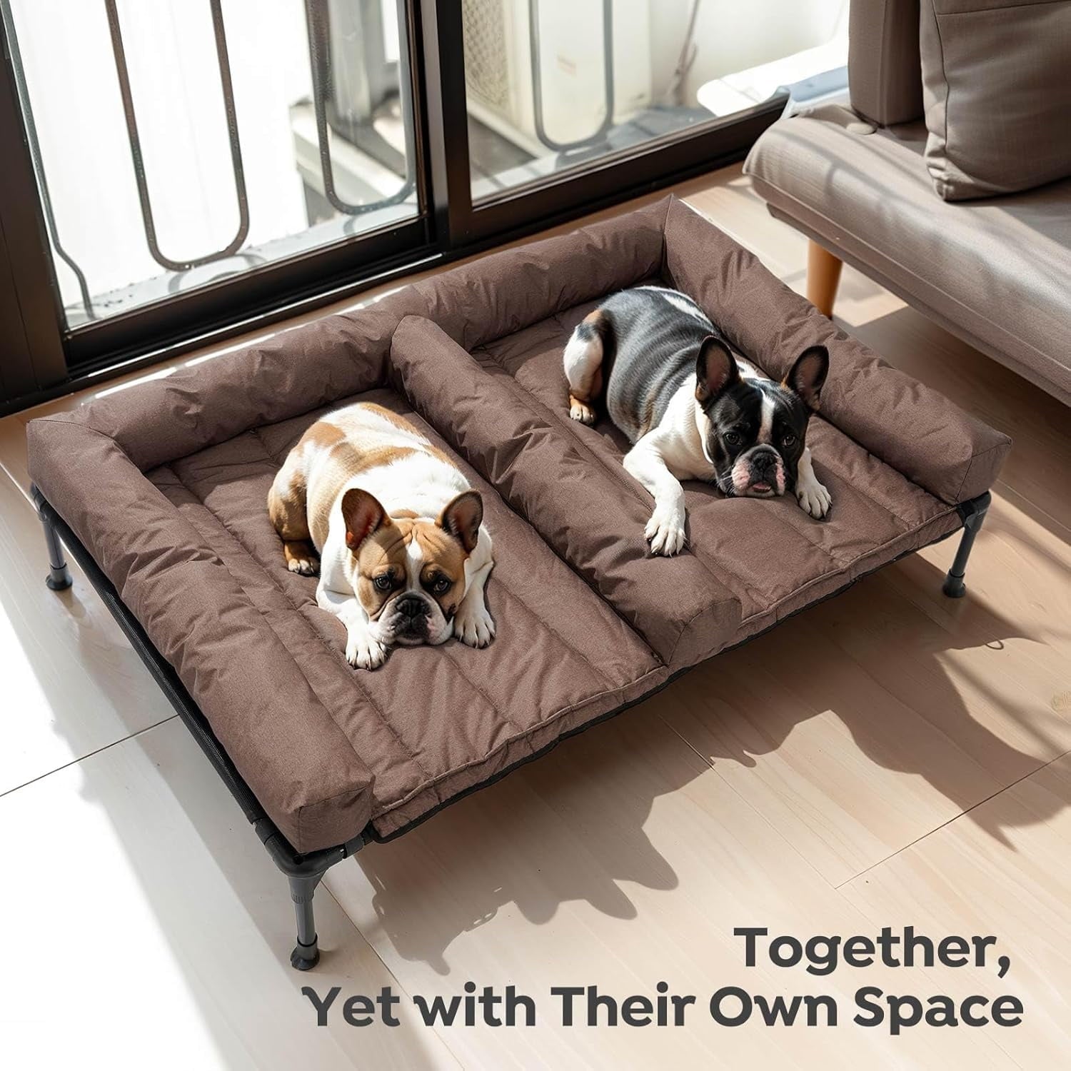 Cooling Raised Dog Bed With Waterproof Double Cushion for Two Dogs, Elevated With Removable Bolster Mat, Breathable Mesh, No-Slip Feet, 59" x 37.5" Couch, Black Silver