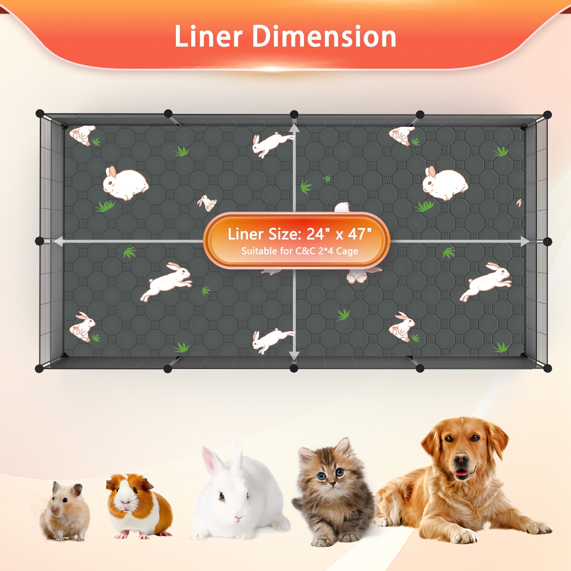 Guinea Pig Cage Liners Washable (4 Pack) - 47x24Inch Waterproof & Absorbent Pee Pads | Reusable Fleece Bedding with Non-Slip Backing | Odor Control for Midwest & C&C Cages, Rabbits