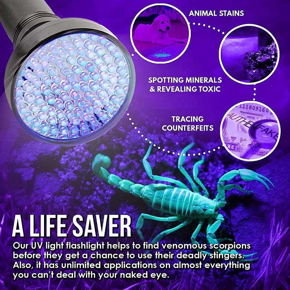 Puseky UV Flashlight Black Light 100 LED Light Handheld Blacklight 395 nM Detector for Pet Urine, Stains, Bed Bug and Scorpions, Torch Ultra Violet Flashlight