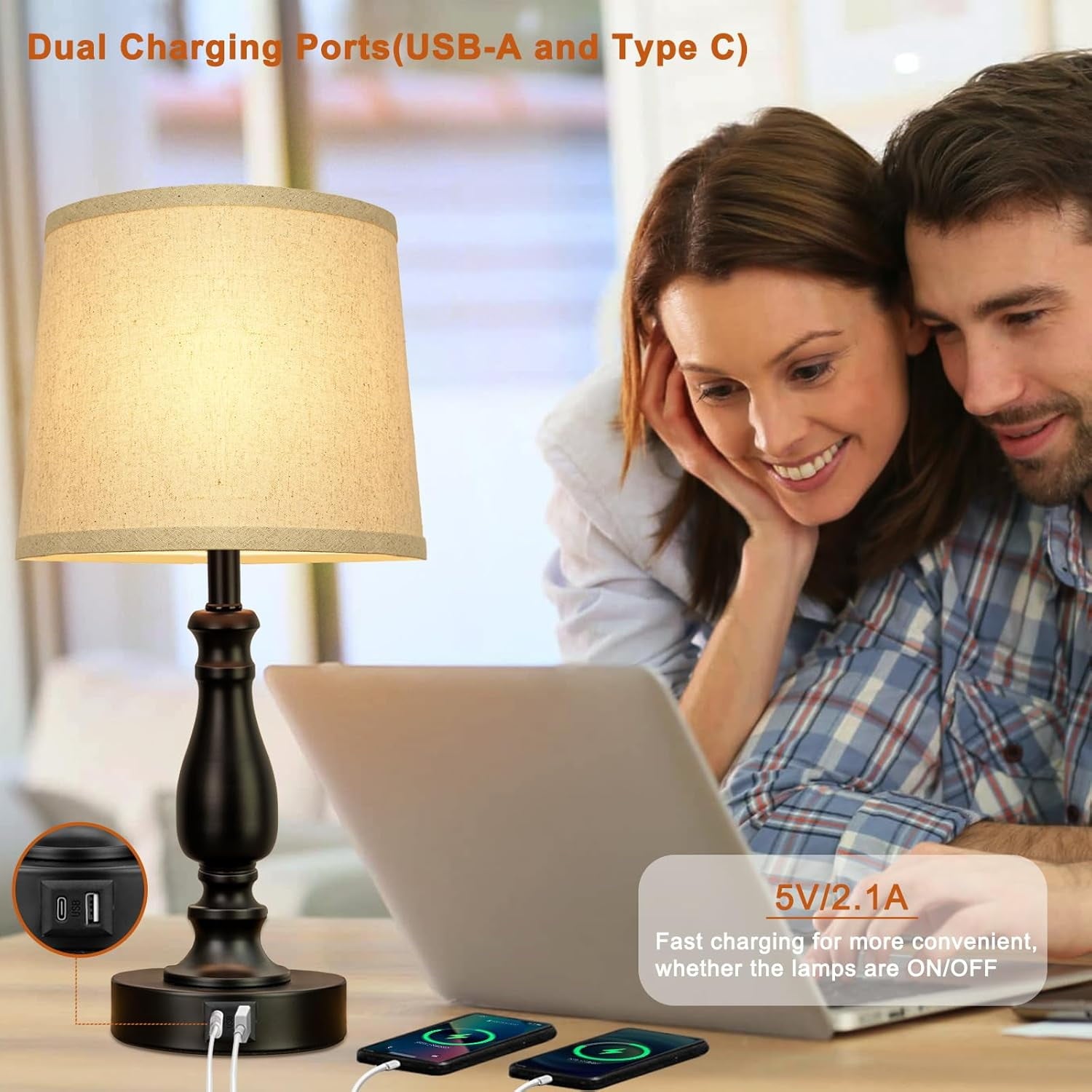 DEALTouch Control Bedside Lamps with 2 USB Charging Ports, 3 Ways Dimmable Nightstand Lamps with A19 6W LED Bulb, USB Modern Table Lamps with Fabric Shade for Bedroom, Living Room, Office Set of 2