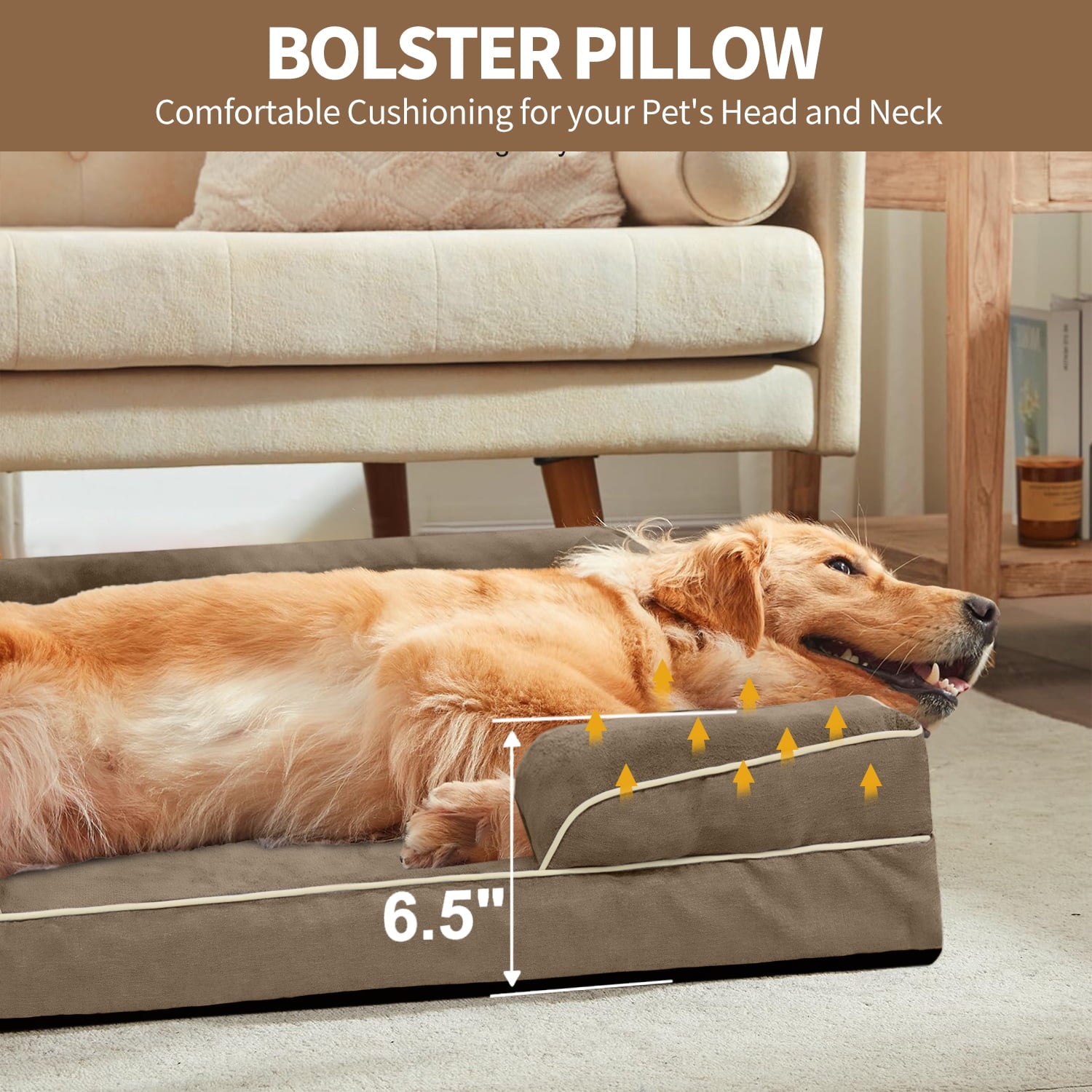 PayUSD Orthopedic Dog Bed for Extra Large Dogs Waterproof Memory Foam Dog Sofa Beds with Sides Non-Slip Bottom and Egg-Crate Foam Dog Bed with Removable Washable Cover,Brown (44" L x 32" W x 6.5" Th)