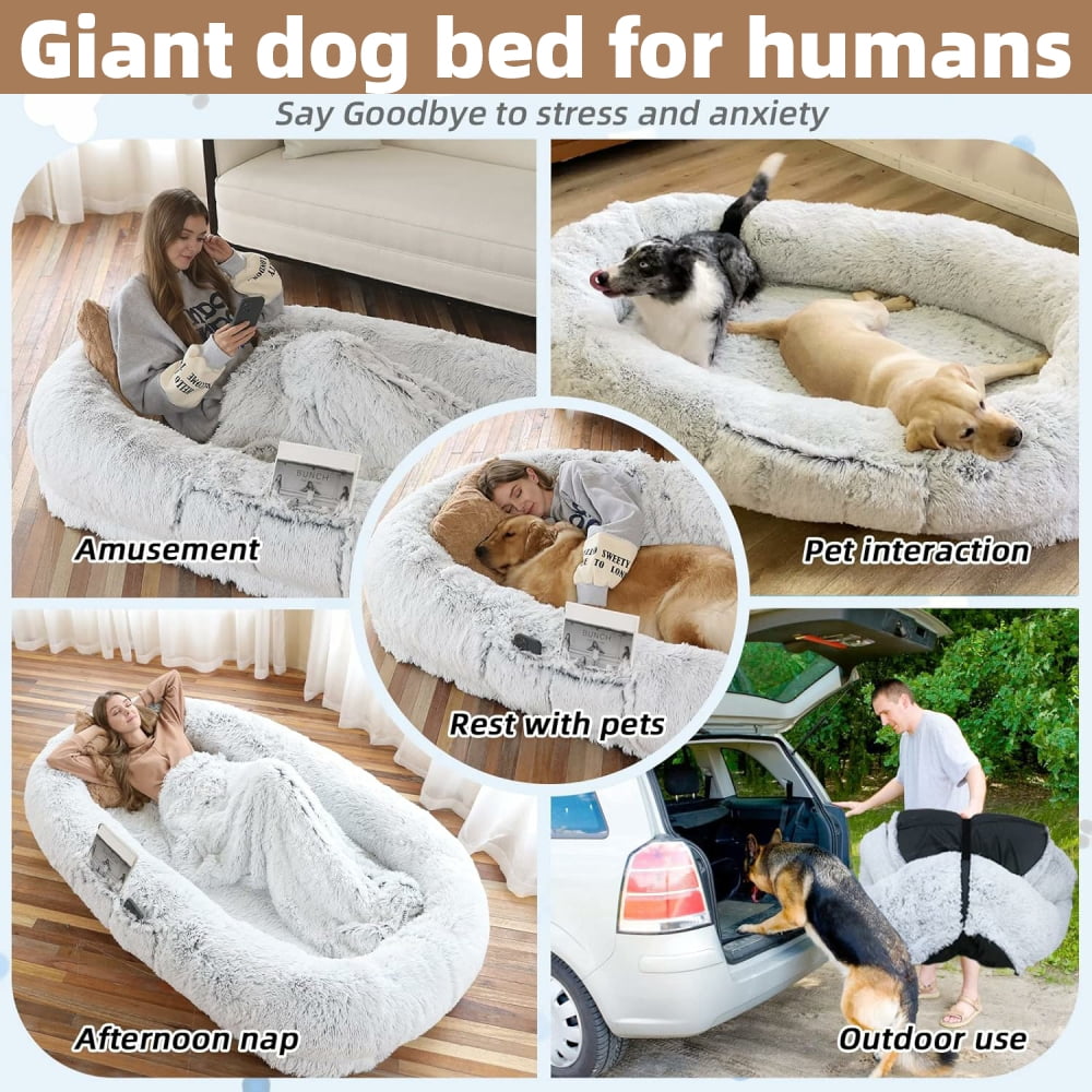 MIDODO Human Dog Bed,  Washable Faux Fur Giant Dog Bed for Human, Large Bean Bag Bed with Plump Pillow, Blanket, Strap