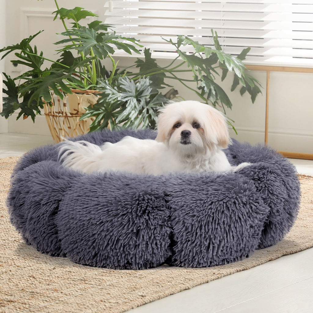 Sennaux Calming Pet Bed for Dogs Cats Soft Flower-Shape Plush Dog Bed, Dark Gray, 19.7"
