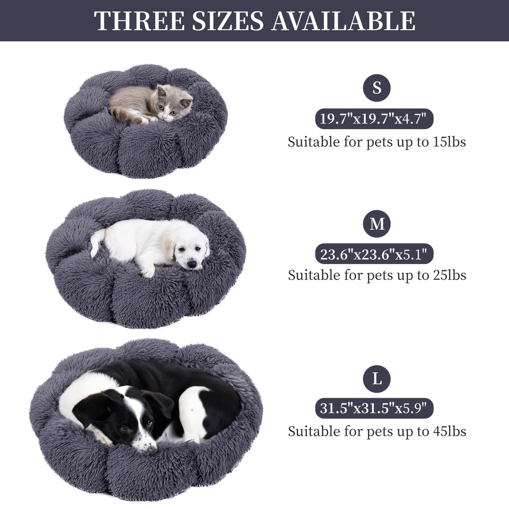 Sennaux Calming Pet Bed for Dogs Cats Soft Flower-Shape Plush Dog Bed, Dark Gray, 19.7"