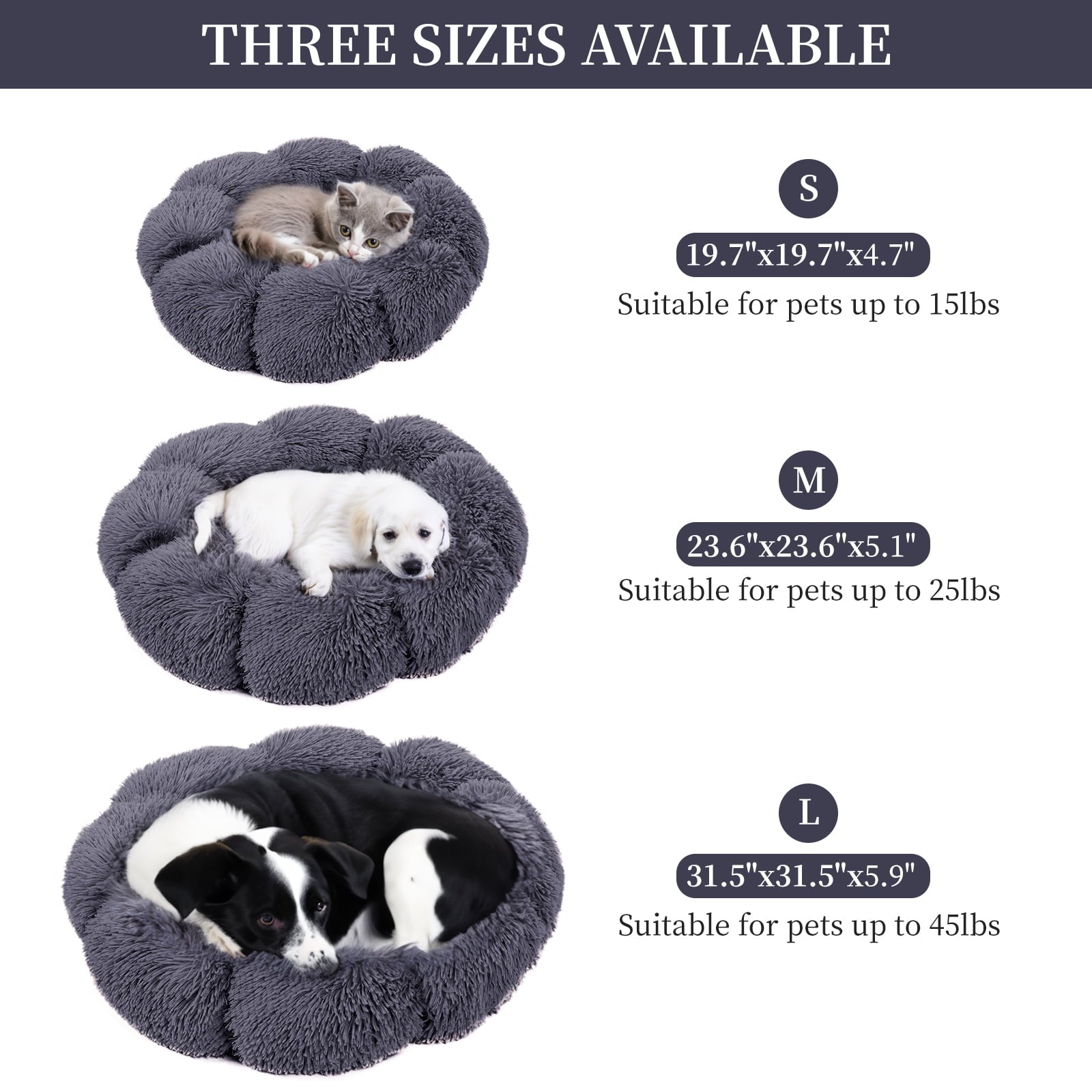 Sennaux Calming Pet Bed for Dogs Cats Soft Flower-Shape Plush Dog Bed, Dark Gray, 19.7"