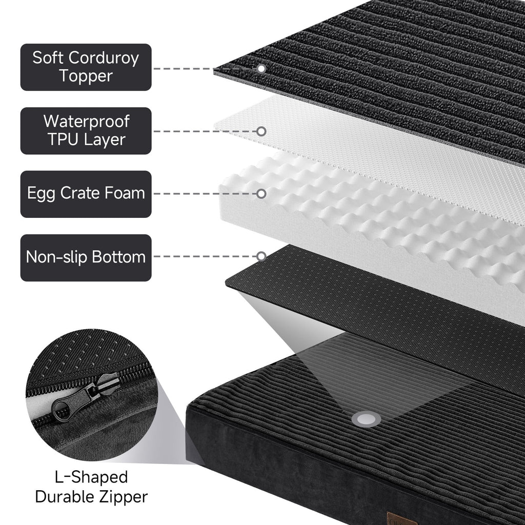 OhGeni 35in Orthopedic Waterproof & Machine Washable Dog Bed for Medium and Large Pets, Suitable for Crates, 25D Egg Crate Foam, Non-Slip Bottom & Removable Cover, Invisible Zipper(Black)