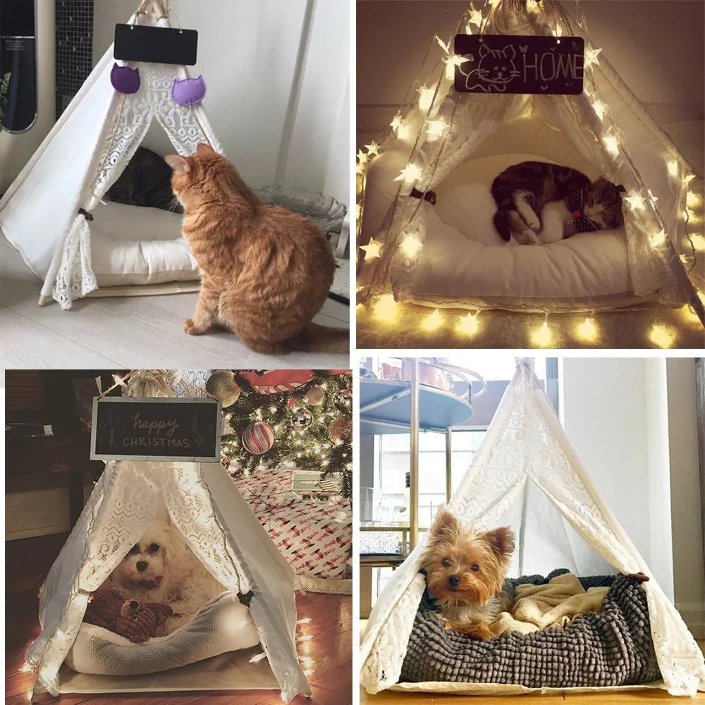 DEWEL Dog Tent Pet Teepee Dog Cat Play House Portable Washable Pet Bed for Dog Cat Lace Style