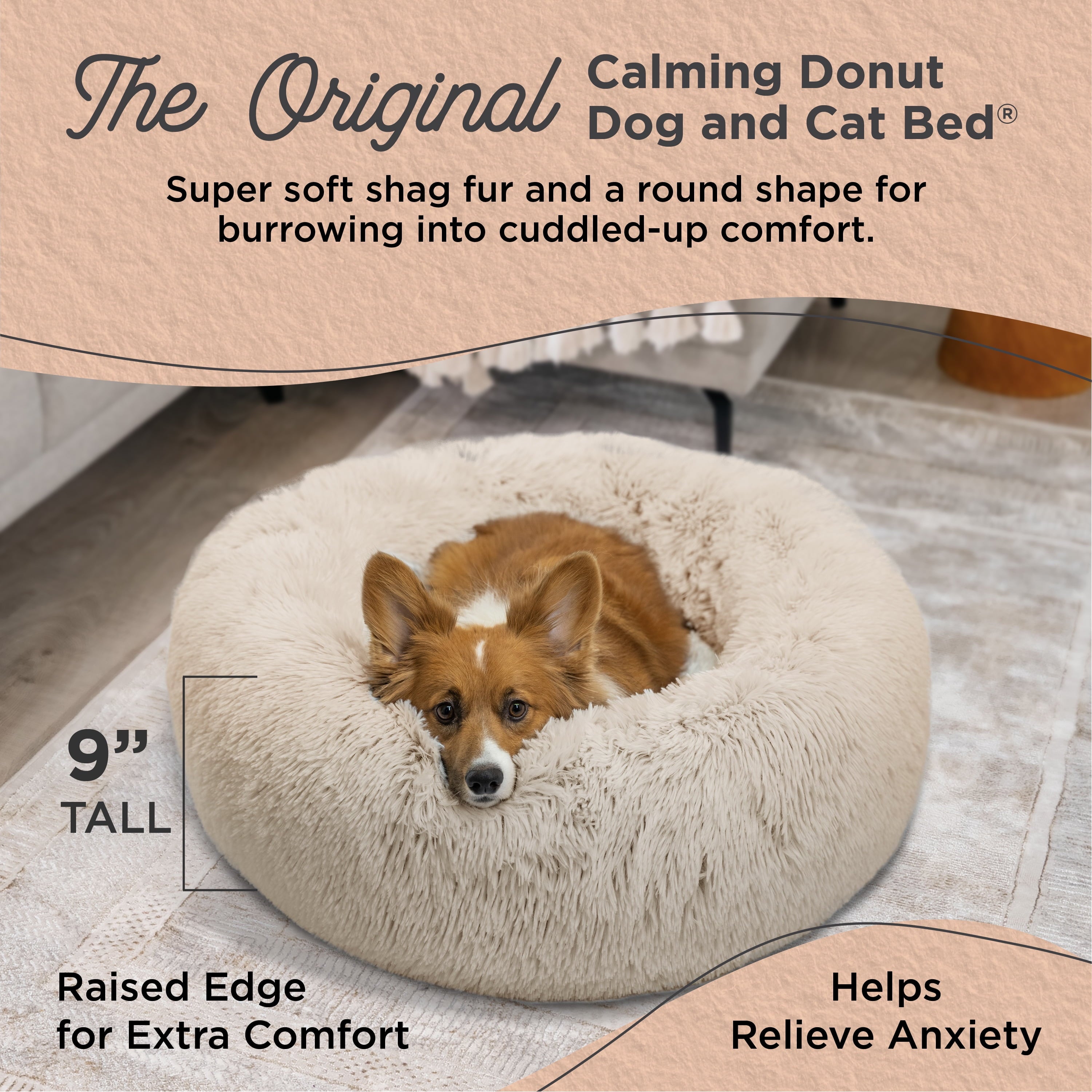 Best Friends by Sheri Original Calming Donut Dog and Cat Bed, Shag Faux Fur, Oyster, Medium (30x30") - Helps Provide Anxiety Relief for Pets