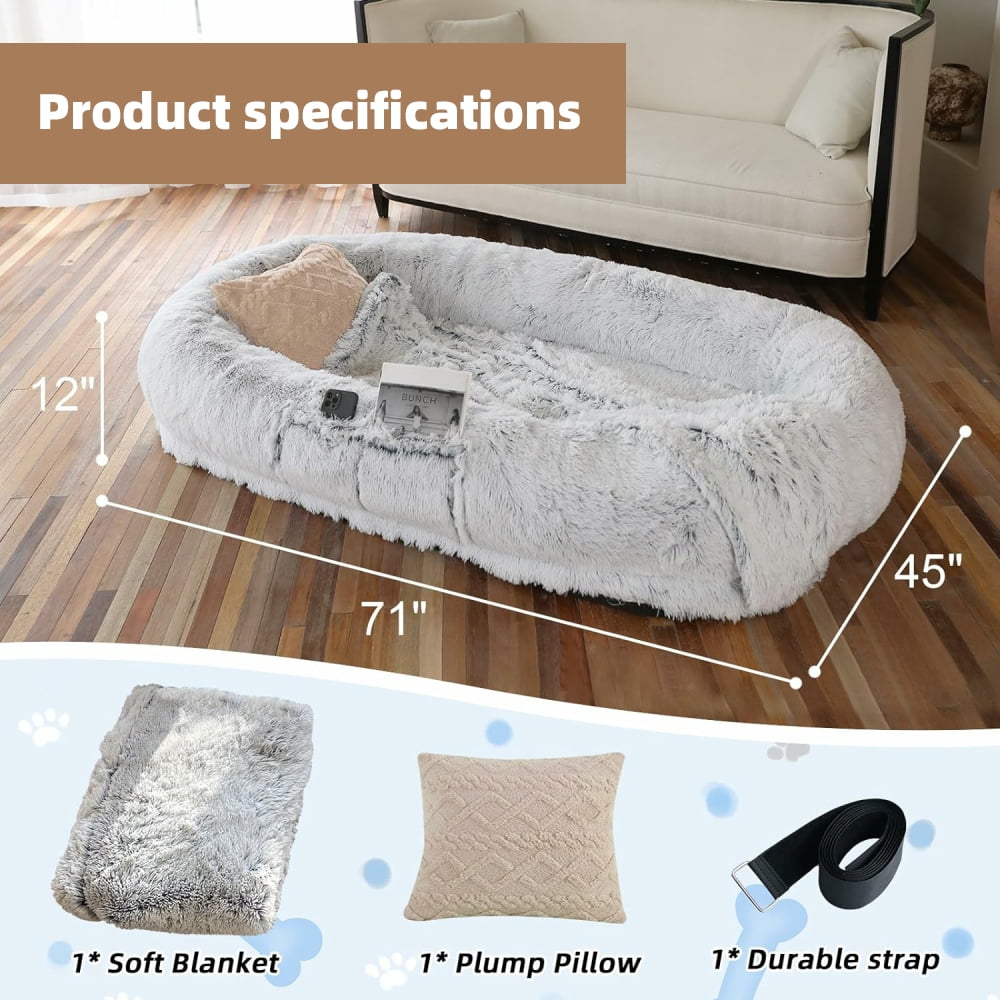 MIDODO Human Dog Bed,  Washable Faux Fur Giant Dog Bed for Human, Large Bean Bag Bed with Plump Pillow, Blanket, Strap