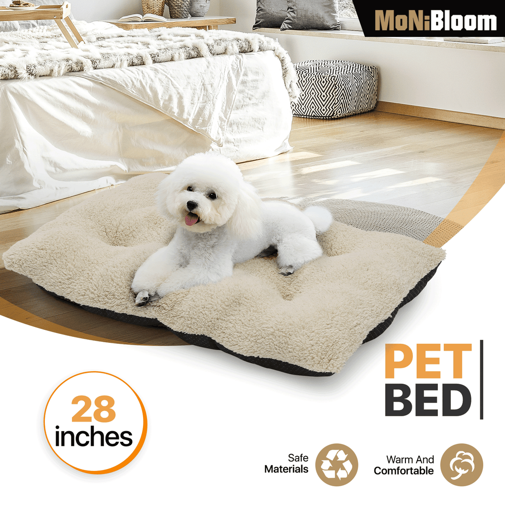 MoNiBloom Medium Pet Bed, 28" Short Plush Washable-Rectangle (Beige)