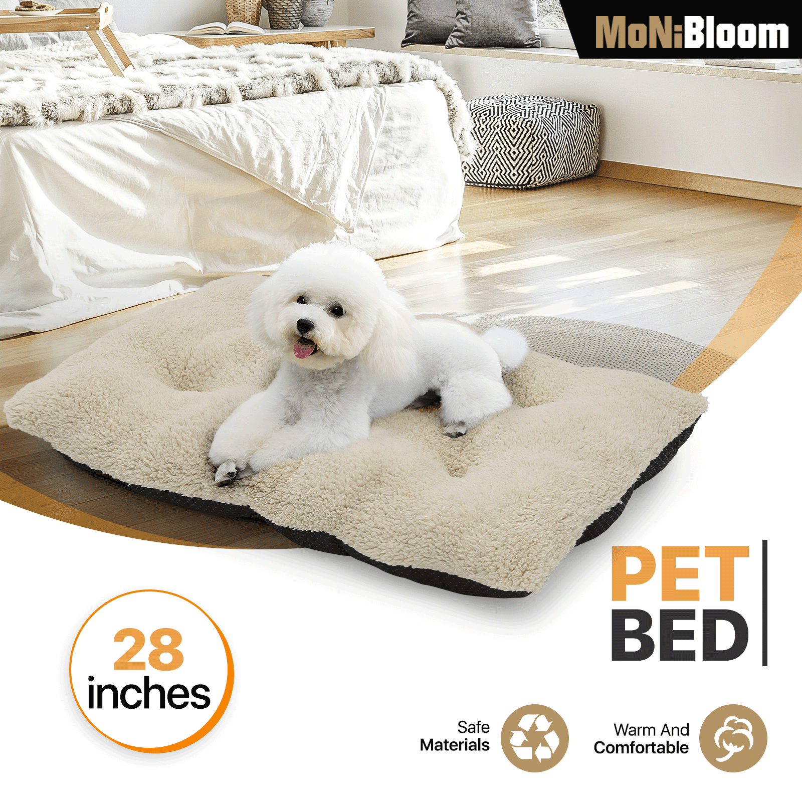 MoNiBloom Medium Pet Bed, 28" Short Plush Washable-Rectangle (Beige)