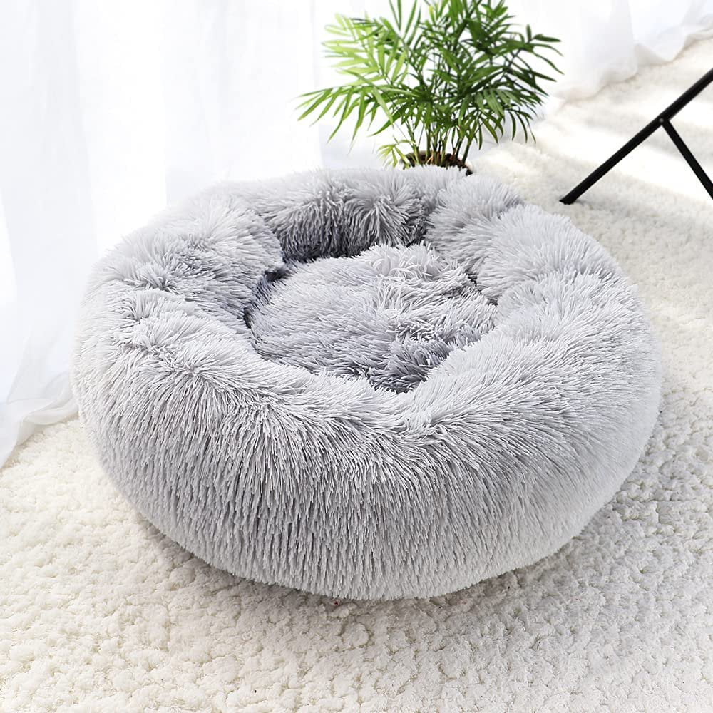 Calming Dog Bed For Large Dogs, GHODEC 31" Washable-Round Cozy Soft Dog Bed with Non-Slip Bottom,Fits up to 45 lbs Pets, Pale Grey