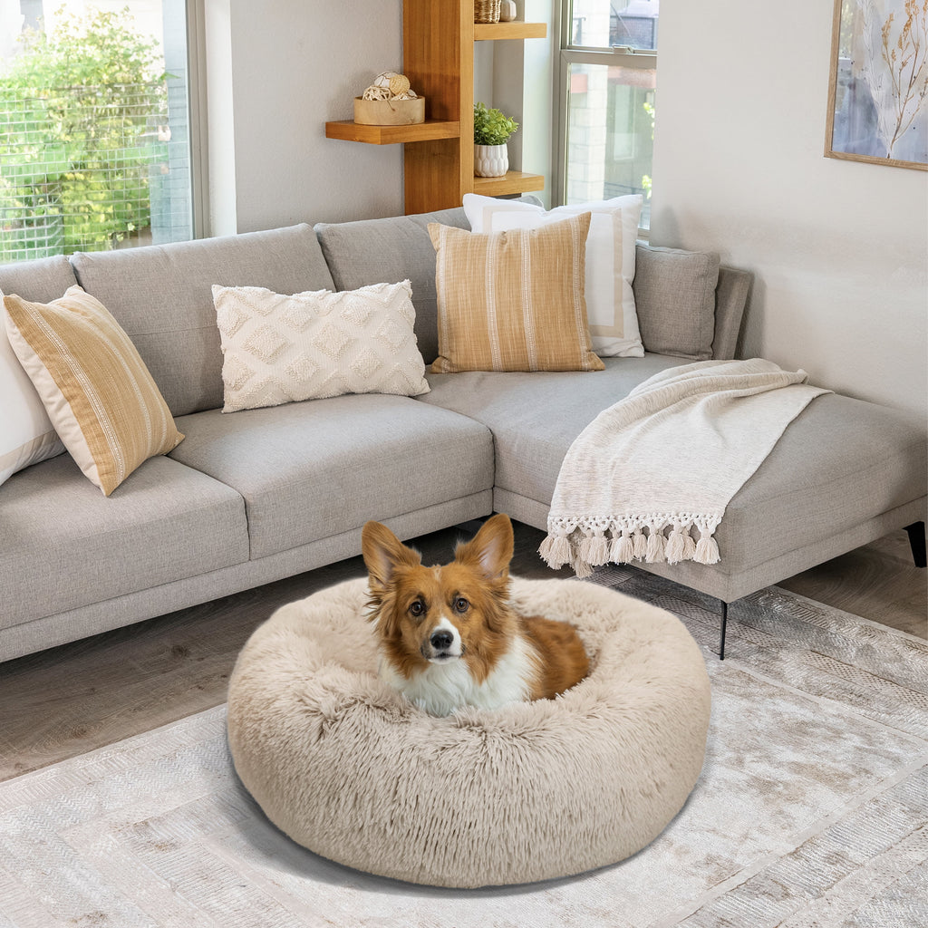 Best Friends by Sheri Original Calming Donut Dog and Cat Bed, Shag Faux Fur, Oyster, Medium (30x30") - Helps Provide Anxiety Relief for Pets