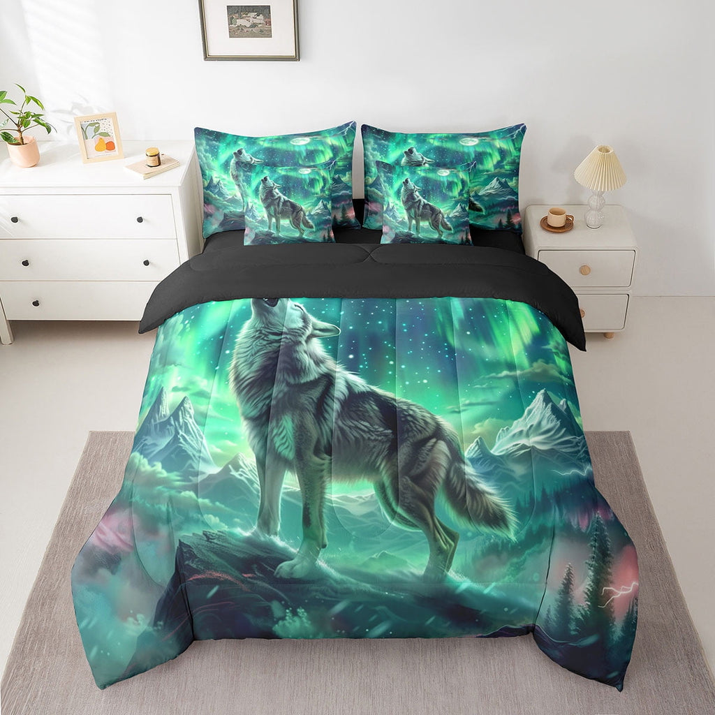 Wolf Comforter Set Twin Size,Aurora Natural Dreamy Bedding Set Teens,Wildlife Animal Print(Comforter+Fitted+Flat Sheet+2 Pillowcases+2 Throw Pillow Covers)7 Pieces Bed Set