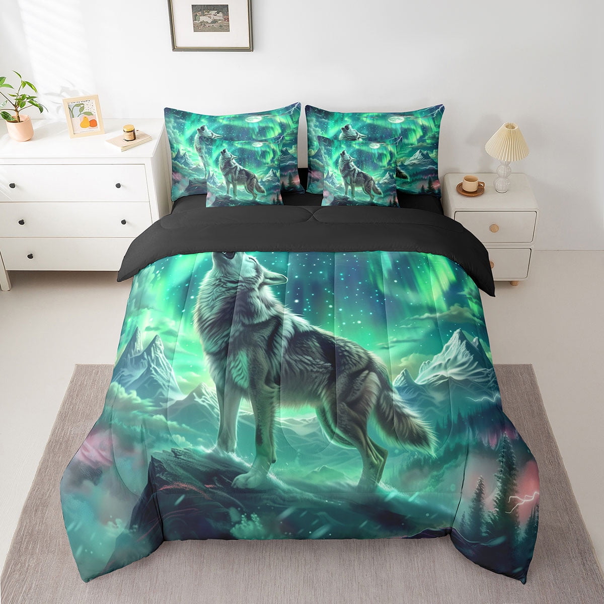 Wolf Comforter Set Twin Size,Aurora Natural Dreamy Bedding Set Teens,Wildlife Animal Print(Comforter+Fitted+Flat Sheet+2 Pillowcases+2 Throw Pillow Covers)7 Pieces Bed Set
