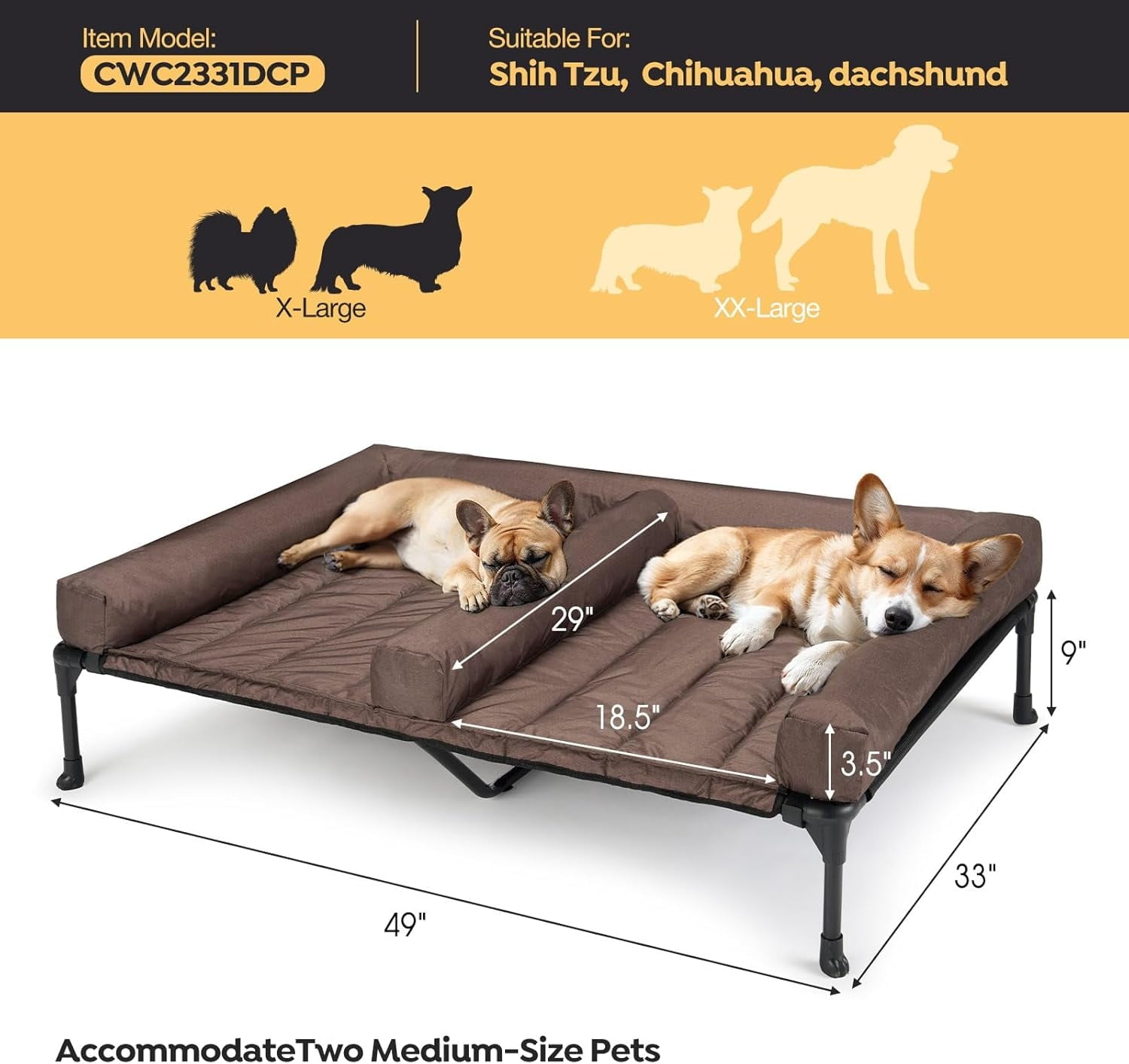 Cooling Raised Dog Bed With Waterproof Double Cushion for Two Dogs, Elevated With Removable Bolster Mat, Breathable Mesh, No-Slip Feet, 59" x 37.5" Couch, Black Silver