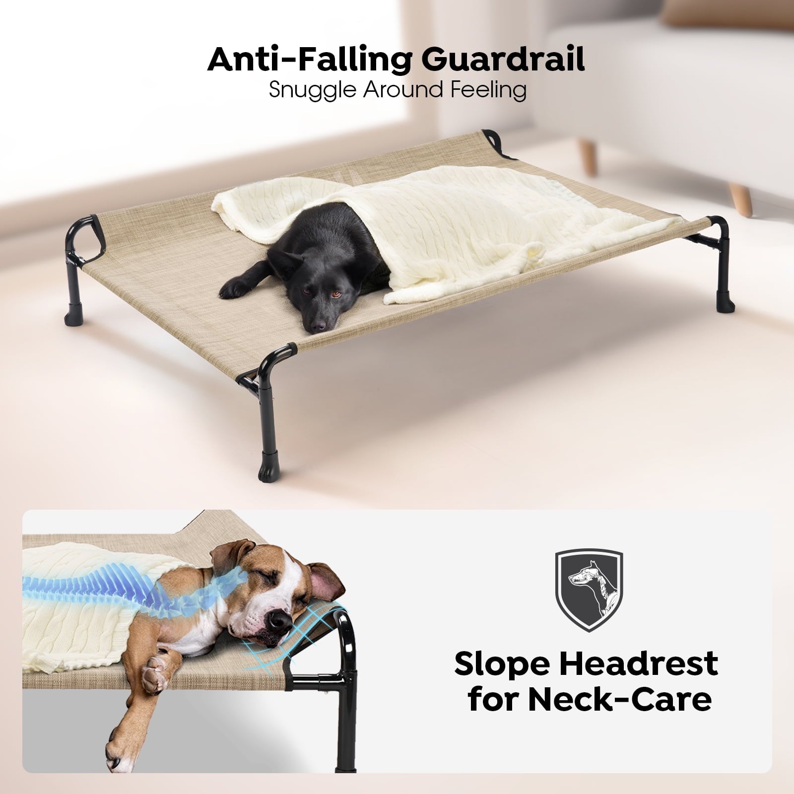 Veehoo Cooling Elevated Dog Bed with Guardrail, Teslin Mesh, Camping Dog Cot, Medium, Beige Coffee