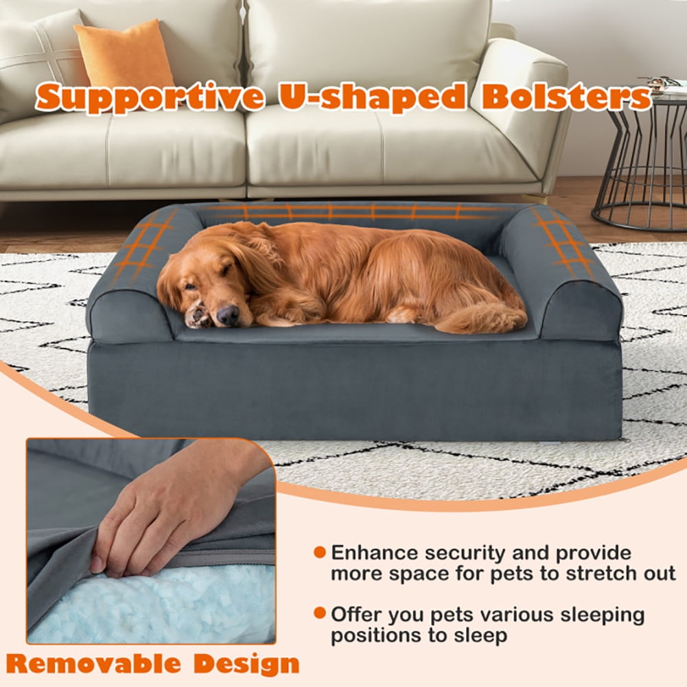 Spaco Orthopedic Dog Bed Memory Foam Pet Bed with Headrest for Large Dogs-Grey