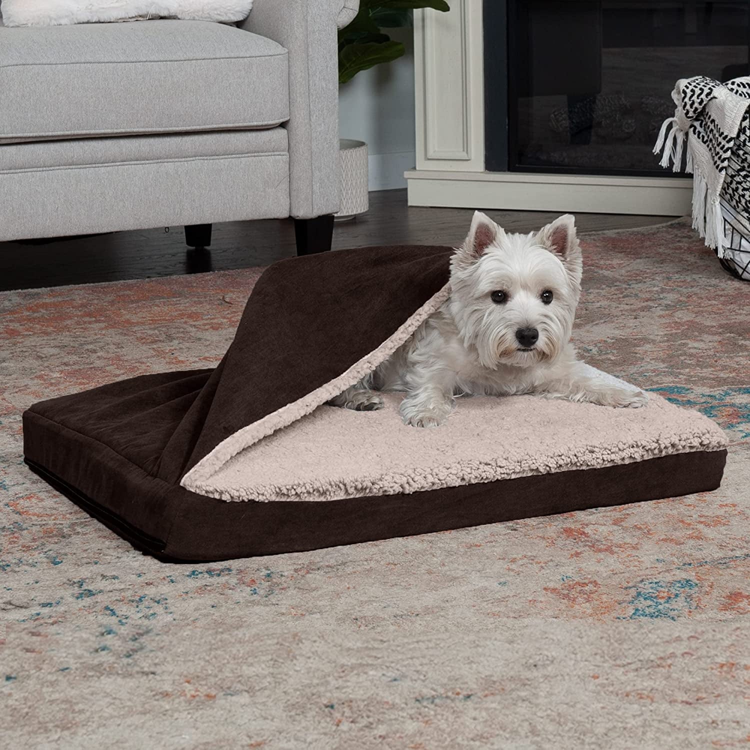 FurHaven Pet Products Berber & Suede Blanket-Top Orthopedic Deluxe Mat Pet Bed for Dogs & Cats - Espresso, Medium