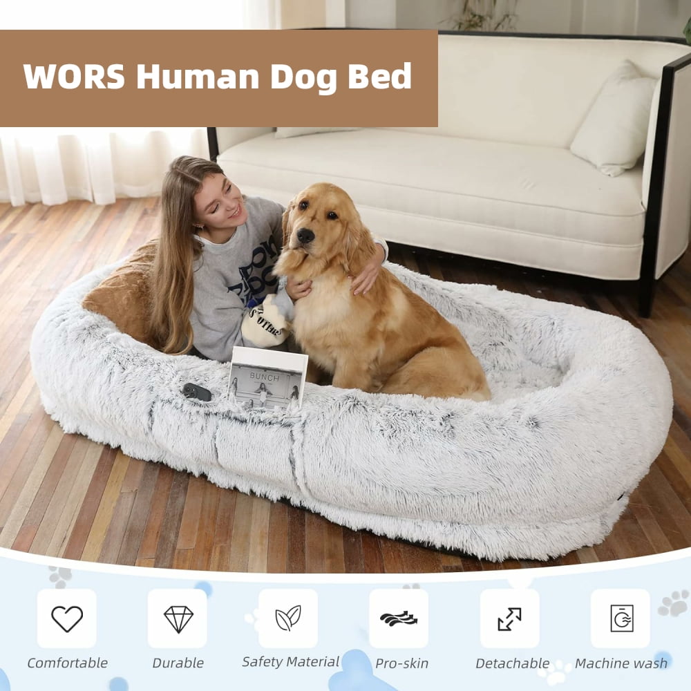 MIDODO Human Dog Bed,  Washable Faux Fur Giant Dog Bed for Human, Large Bean Bag Bed with Plump Pillow, Blanket, Strap