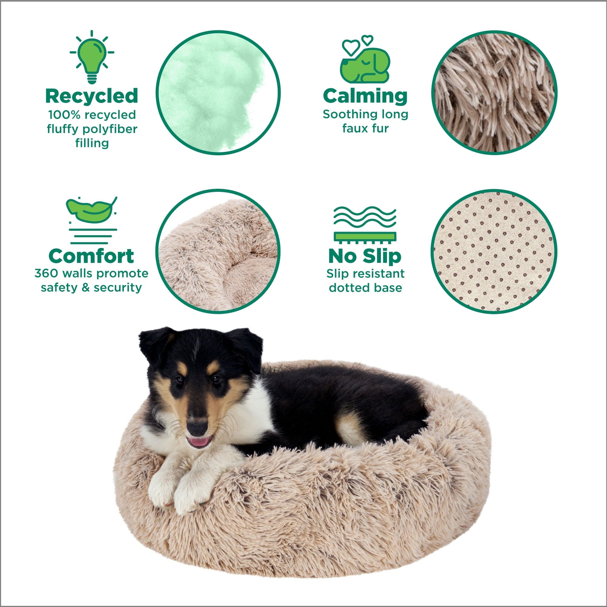 Furhaven 23" Round Calming Donut Dog Bed with Washable & Removable Cover & Bolster - Shaggy Plush Long Faux Fur Ball Bed - Taupe, For Dogs Up to 20 lbs, Small