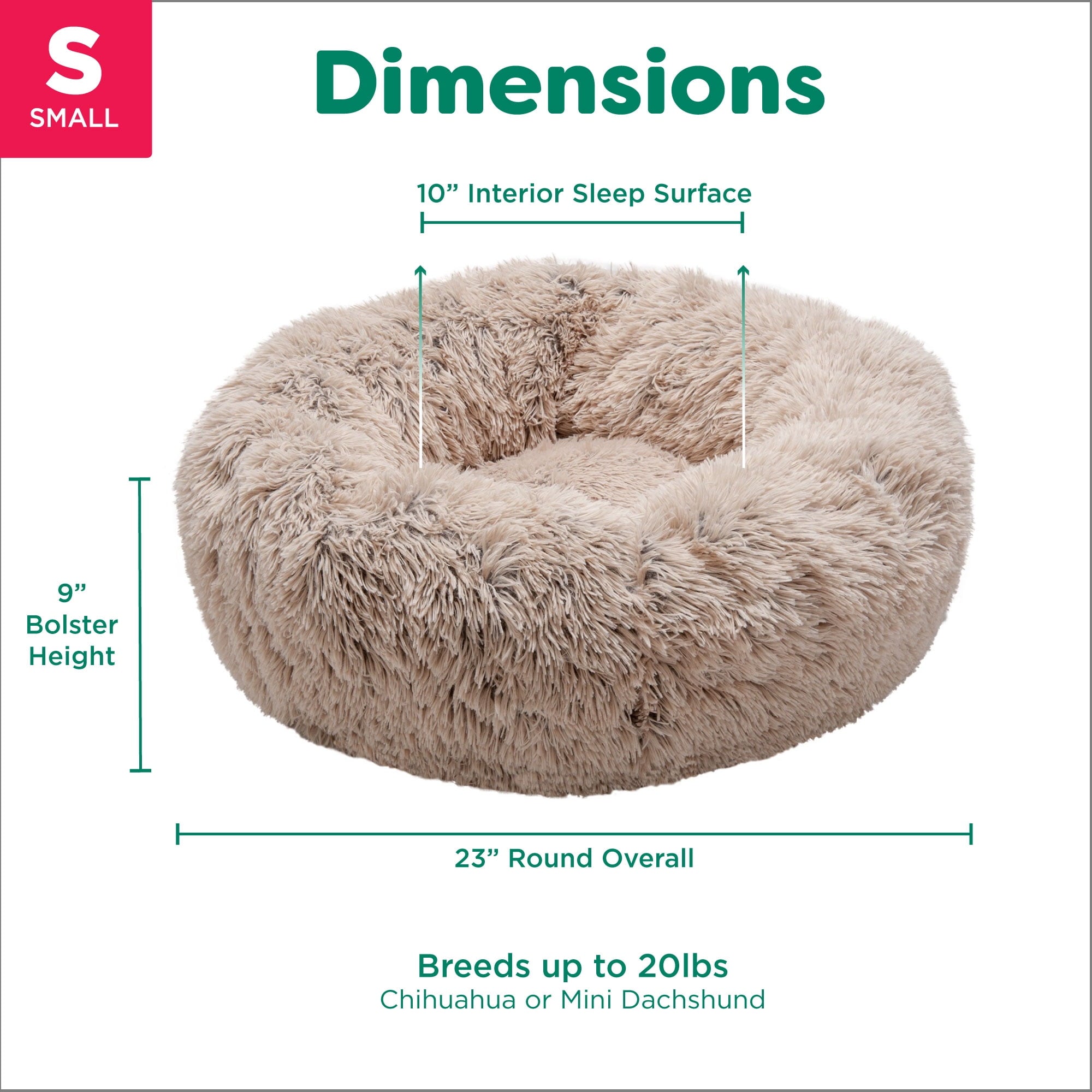 Furhaven 23" Round Calming Donut Dog Bed with Washable & Removable Cover & Bolster - Shaggy Plush Long Faux Fur Ball Bed - Taupe, For Dogs Up to 20 lbs, Small