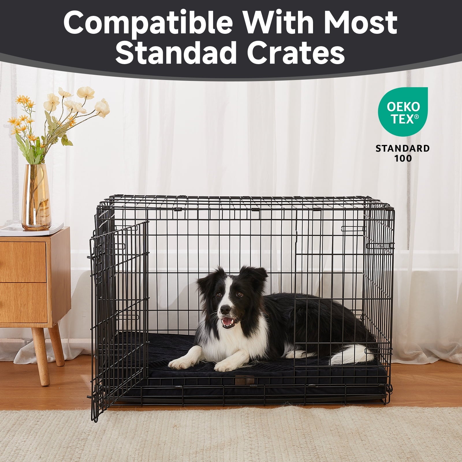 OhGeni 35in Orthopedic Waterproof & Machine Washable Dog Bed for Medium and Large Pets, Suitable for Crates, 25D Egg Crate Foam, Non-Slip Bottom & Removable Cover, Invisible Zipper(Black)