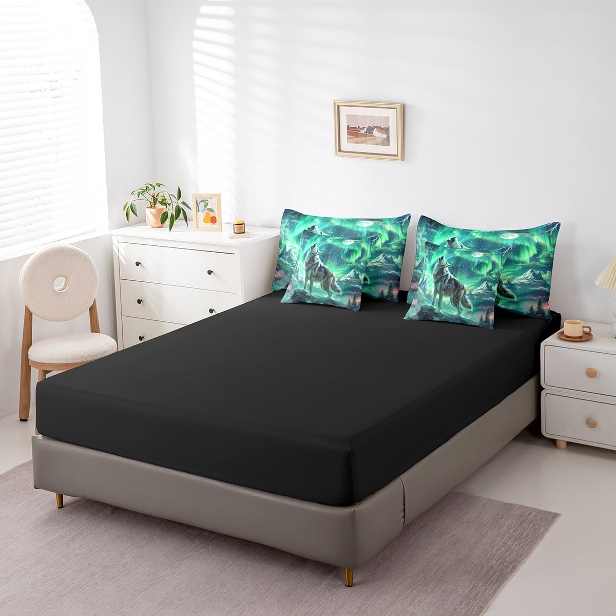 Wolf Comforter Set Twin Size,Aurora Natural Dreamy Bedding Set Teens,Wildlife Animal Print(Comforter+Fitted+Flat Sheet+2 Pillowcases+2 Throw Pillow Covers)7 Pieces Bed Set