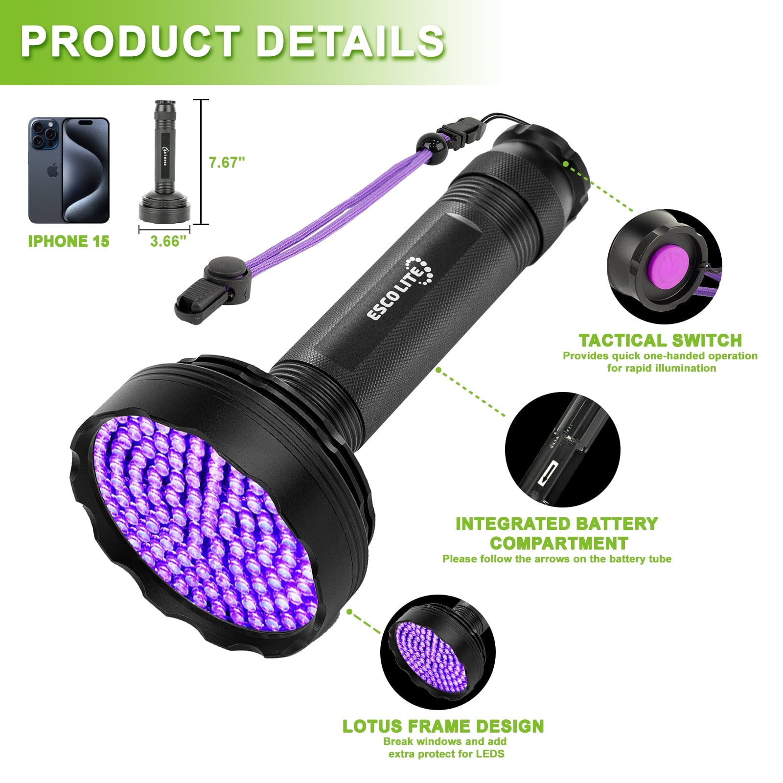 ESCO LITE Blacklight Flashlight 128 LED UV Flashlight, Upgraded Bright 395nm Handheld Ultraviolet Flashlight for Pet Urine Detection, Scorpion Hunting