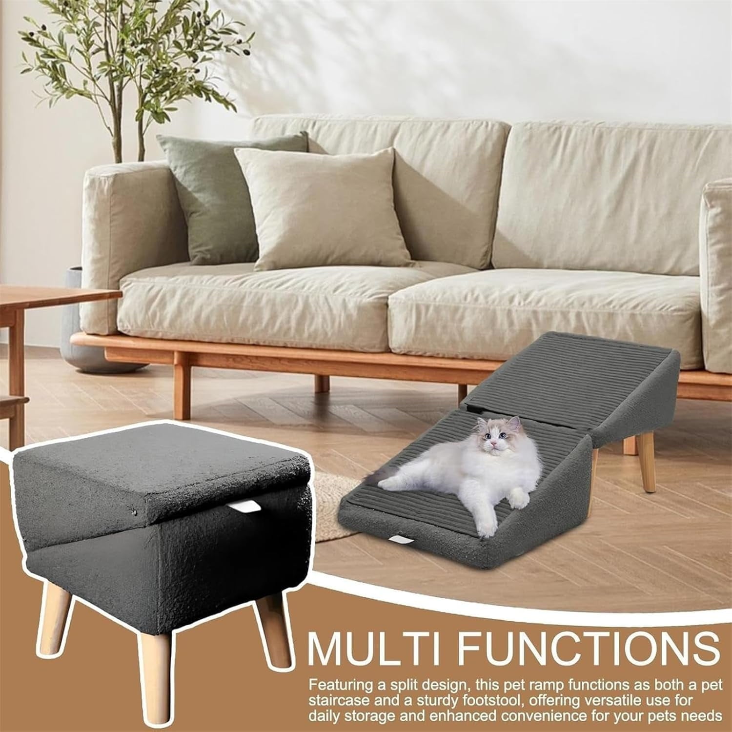 FlareFable Split Ottoman Dog Ramp, 2-in-1 Lightweight Folding Dog Stairs, Dog Ramp for Couch, Interactive Dog Setting Supply, Enhance The Relationship with Pets, Dog Ramp for Bed (Beige)