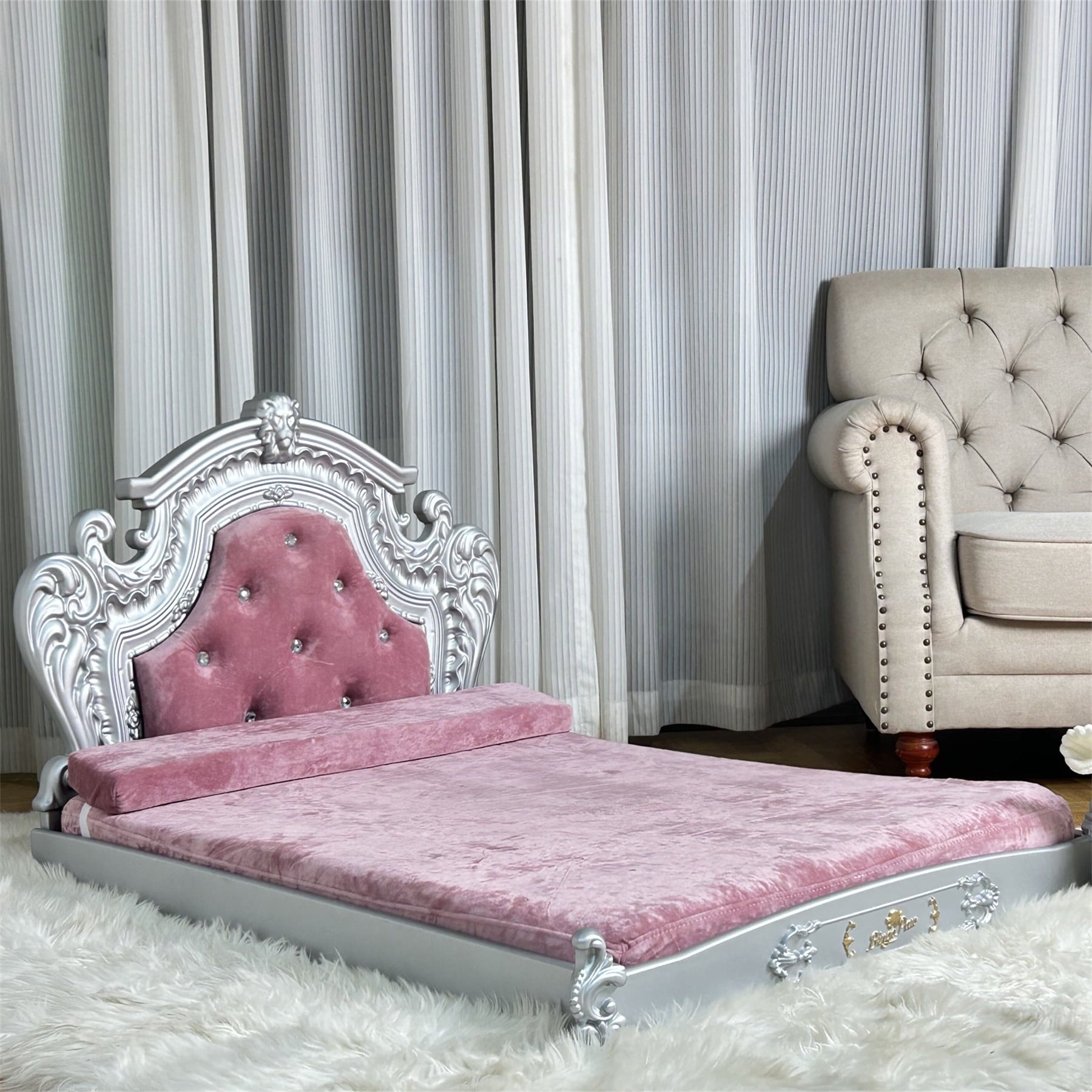 BingoPaw Luxury Pet Bed Dog Orthopedic Bed with Washable Dutch Velvet Cover, Silver Headboard