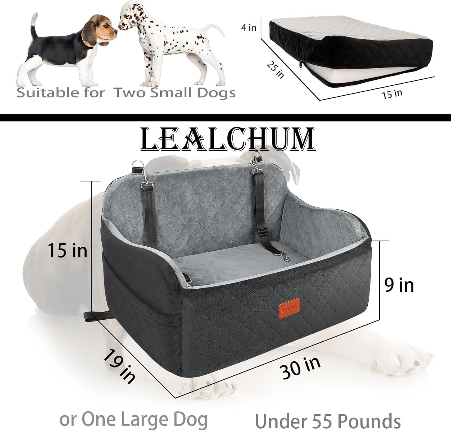 Lealchum Dog Car Seat Up to 55lb, Car Dog Bed for 2 Small Dogs, Pet Car Seat (Black/Grey, Large)