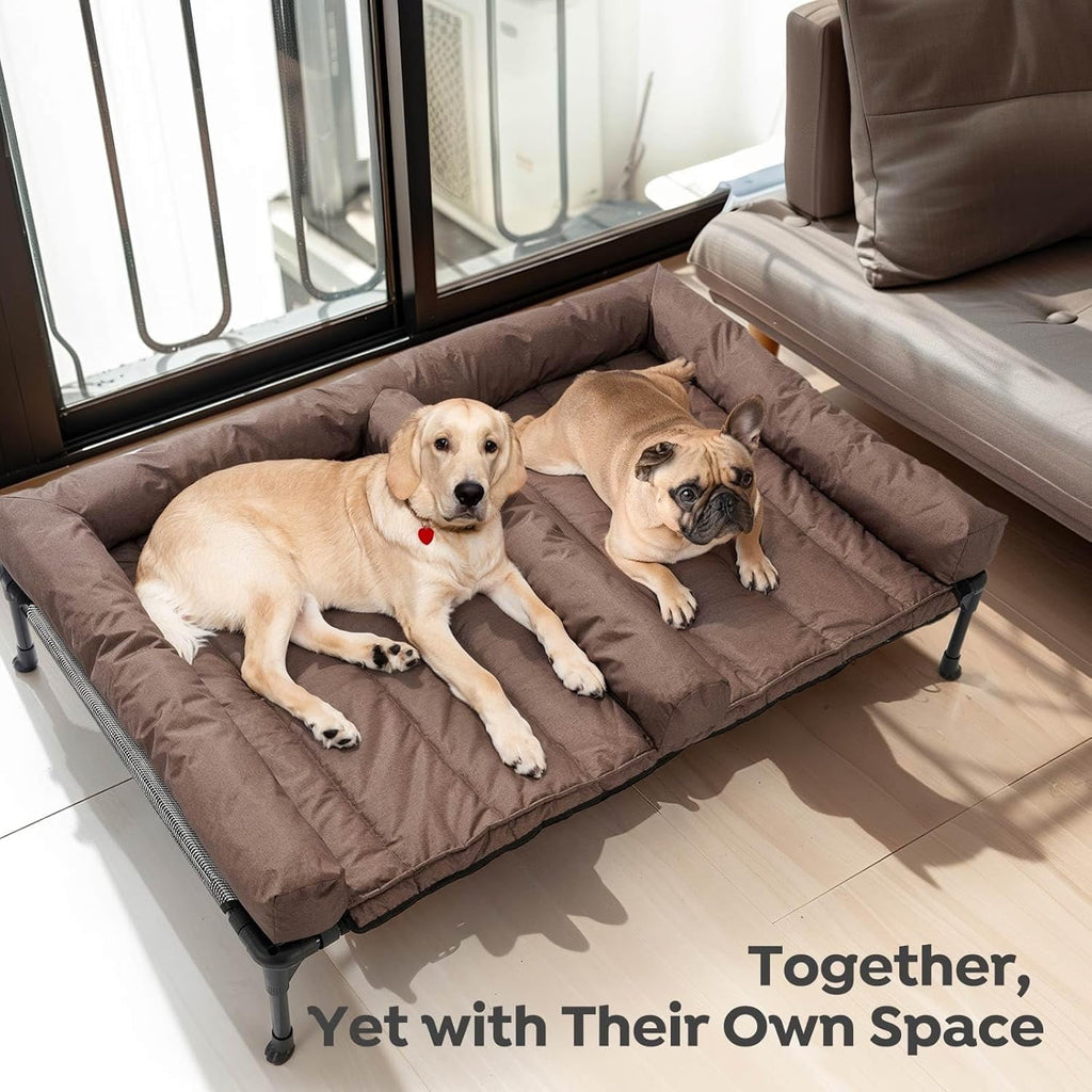 Cooling Raised Dog Bed With Waterproof Double Cushion for Two Dogs, Elevated With Removable Bolster Mat, Breathable Mesh, No-Slip Feet, 59" x 37.5" Couch, Black Silver